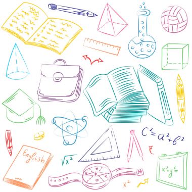 Renkli el okul sembolleri çizilmiş. Top, kitap, kalem, cetveller, Flask, Pusula, okları çocuk çizimleri.
