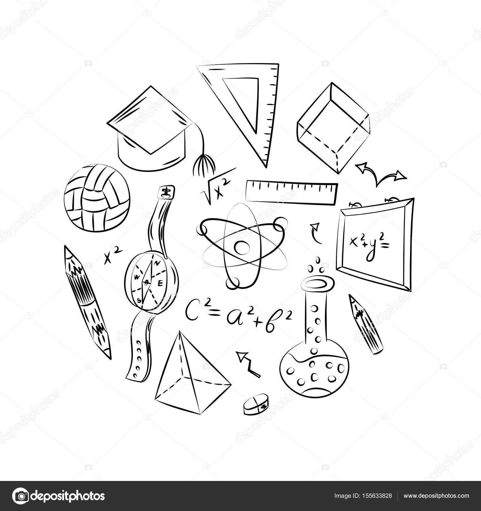 Disegni di bambini di palla libri matite righelli boccetta bussola frecce disposte in cerchio Illustrazione di vettore — Vettoriali di Nofretka