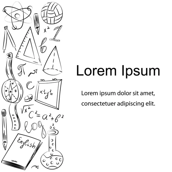 Modelo com símbolos escolares desenhados à mão. Desenhos Infantis de Bola, Livros, Lápis, Réguas, Frasco, Bússola, Setas com Lugar para Texto . —  Vetores de Stock