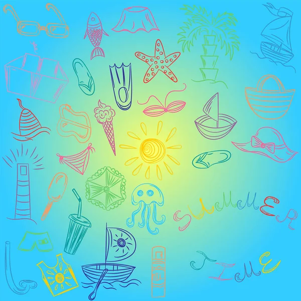 Hora de verano. Dibujos a mano de las vacantes de verano Símbolos. Botes de Doodle Coloridos, Helados, Palmeras, Sombrero, Paraguas, Medusas, Cóctel, Sol . — Vector de stock