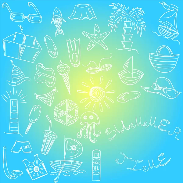 Θερινή ώρα. Χέρι σχέδια κενές θέσεις εργασίας καλοκαίρι σύμβολα. Doodle βάρκες, παγωτό, παλάμες, καπέλο, ομπρέλα, μέδουσες, κοκτέιλ, ήλιος σε μπλε φόντο. — Διανυσματικό Αρχείο