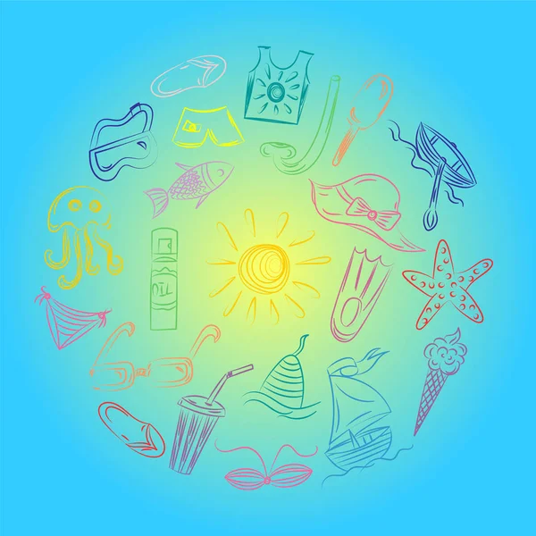 Hand dras sommaren lediga Symbols.Template med Doodle båtar, glass, Palms, hatt, paraply, maneter, Cocktail, solen med plats för Text i centrum. — Stock vektor