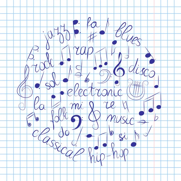 Conjunto desenhado à mão de símbolos musicais. Doodle Treble Clef, Bass Clef, Notas e estilos musicais Organizado em um círculo na folha Copybook . — Vetor de Stock