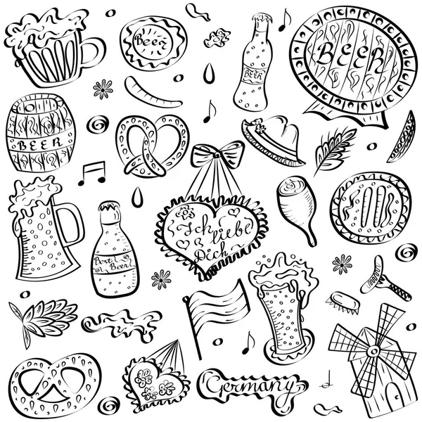 Hand Drawn Oktoberfest Symbols. Funny Drawings of Beer Cups, Hearts, Pretzel, Sausage, Barrel isolated on White. — Stock Vector