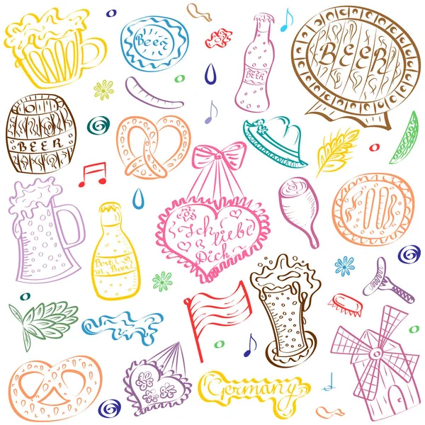 Πολύχρωμο χέρι Oktoberfest σύμβολα. Αστεία σχέδια από καρδιές, κουλουράκι, μπύρα κύπελλα, λουκάνικο, βαρέλι απομονωθεί σε λευκό. — Διανυσματικό Αρχείο