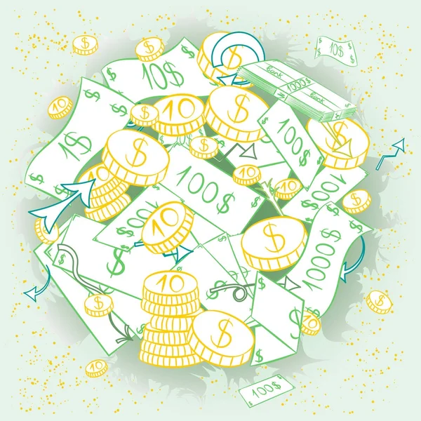 Ručně tažené bankovek a mincí. Doodle výkresy hotovosti uspořádaných do kruhu. Načrtněte styl. — Stockový vektor