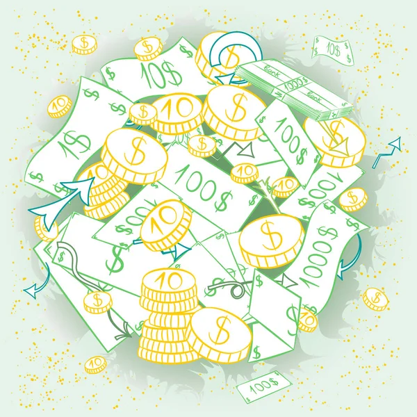 El banknot ve madeni paraların çekilmiş. Herkesdaire oluşturacak şekilde düzenlenmiş nakit çizimlerinin doodle. Kroki tarzı.
