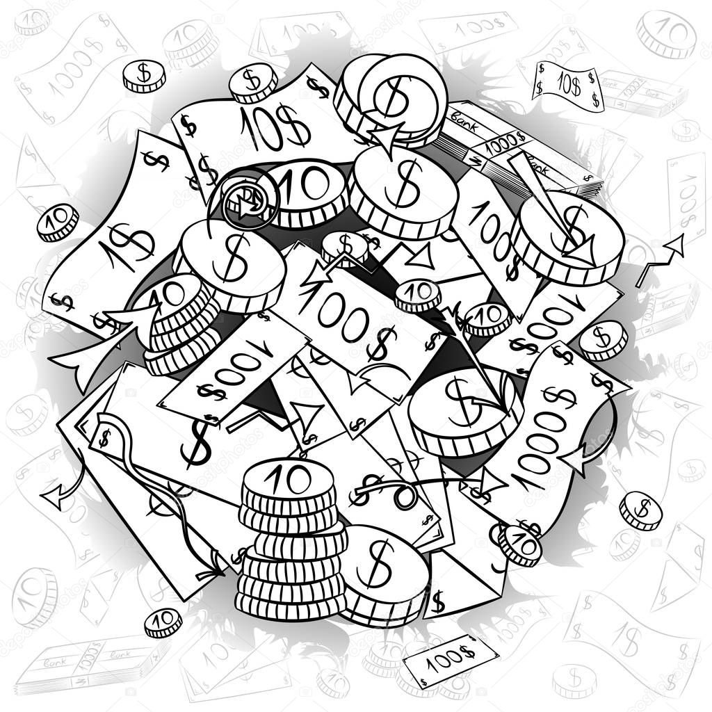 Hand Drawn Banknotes and  Coins. Doodle Drawings of Cash Arranged in a Circle. Sketch Style.