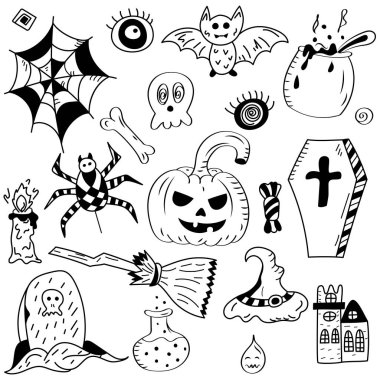 El Cadılar Bayramı sembolleri çizilmiş. Doodle yarasa çizimler, kabak, hayalet, örümcek, mezar üzerinde izole beyaz.