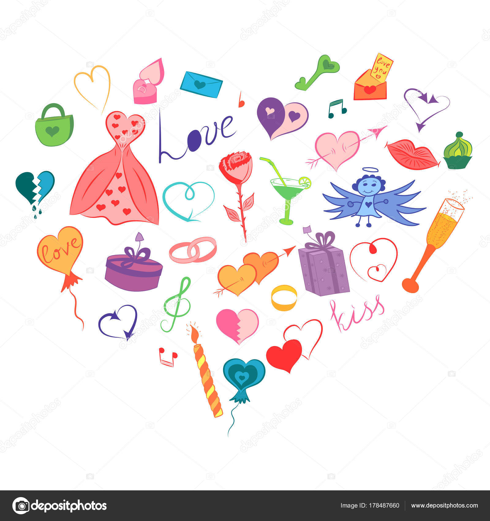 Colorful Hand Drawn Set Of Valentines Day Symbols Childrens Funny