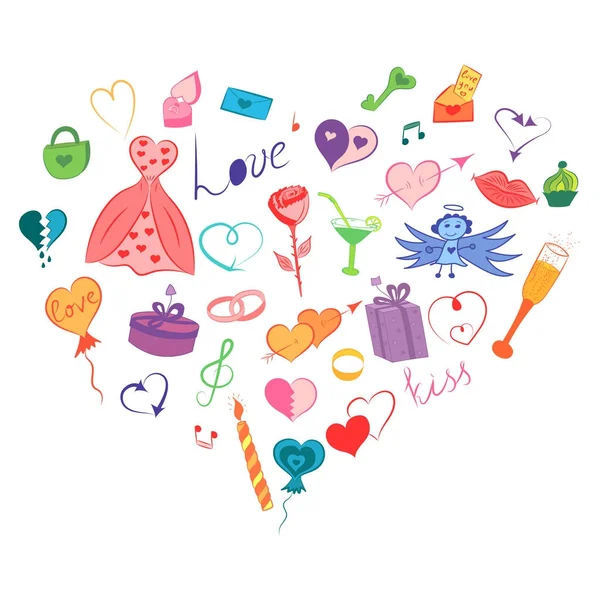 五颜六色的手绘情人节符号集。儿童的滑稽涂鸦图画的心, 礼物, 戒指, 气球排列在一个形状的心. — 图库矢量图片