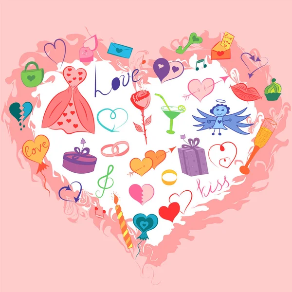 五颜六色的手绘情人节符号集。有趣的涂鸦图画的心, 礼物, 戒指, 气球排列在一个形状的心脏. — 图库矢量图片