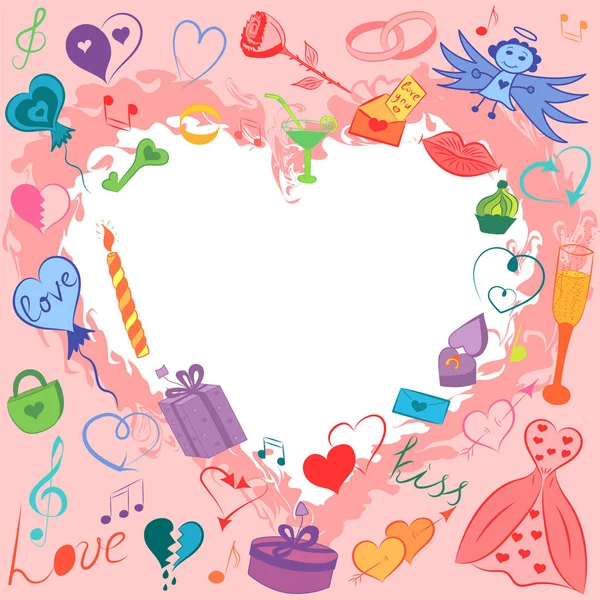 Kleurrijke Hand Drawn dag van Valentijnskaarten symbolen. Grappige Doodle kindertekeningen van harten, geschenken, ringen, ballonnen en kaars. — Stockvector