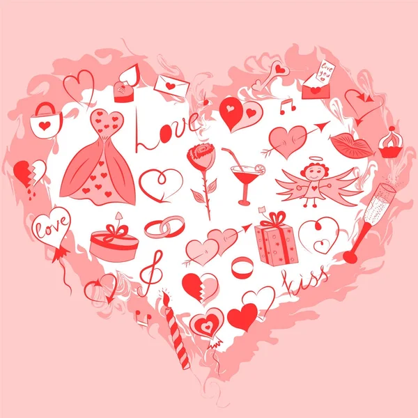 Hand Drawn Set of Valentine's Day Symbols. Children's Funny Doodle Drawings of Red Hearts, Gifts, Rings, Balloons Arranged in a shape of Heart. — Stock Vector