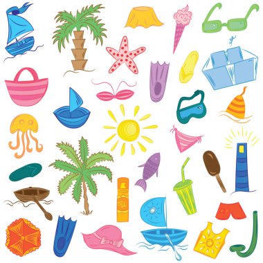 Renkli el çizimleri yaz boş simgeler. Tekneler, dondurma, avuç içi, şapka, şemsiye, denizanası, kokteyl, güneş doodle. 