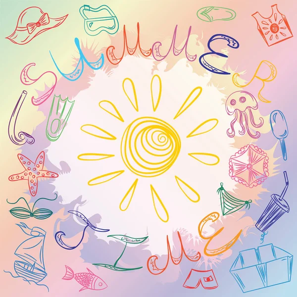 Hand Drawings of Summer Symbols and Sun (en inglés). Ilustración vectorial . — Vector de stock