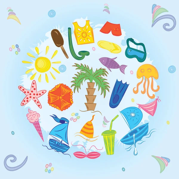 Bunte handgezeichnete Sommersymbole auf blau. Doodle Boote, Eis, Palmen, Hut, Regenschirm, Quallen, Cocktail, Sonne im Kreis angeordnet. — Stockvektor
