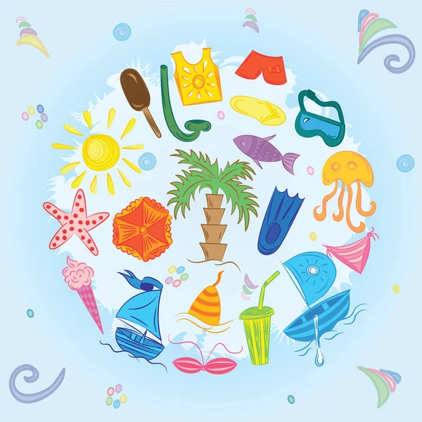 Mavi renkli elle çizilmiş yaz sembolleri. Doodle tekneler, dondurma, avuç içi, şapka, şemsiye, denizanası, kokteyl, güneş düzenlenmiş bir daire içinde.