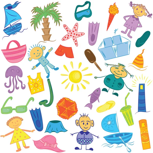 Dessins à la main de symboles d'été avec des enfants. Doodle Boats, Glace, Palmiers, Chapeau, Parapluie, méduses, Cocktail, Soleil et Enfants . — Image vectorielle