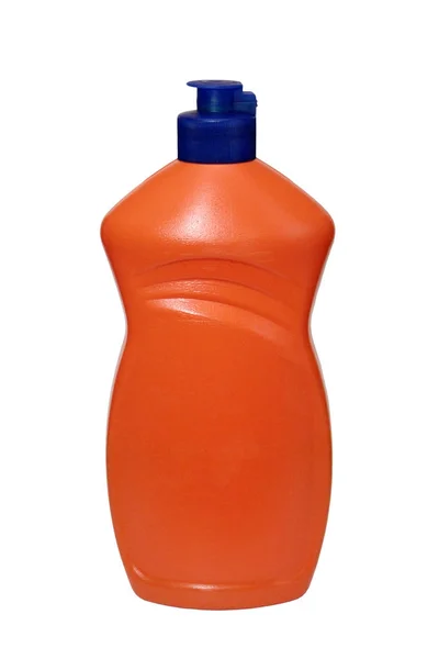 Ένα μπουκάλι του πορτοκαλιού με το απορρυπαντικό που απομονώνονται σε λευκό φόντο — Φωτογραφία Αρχείου