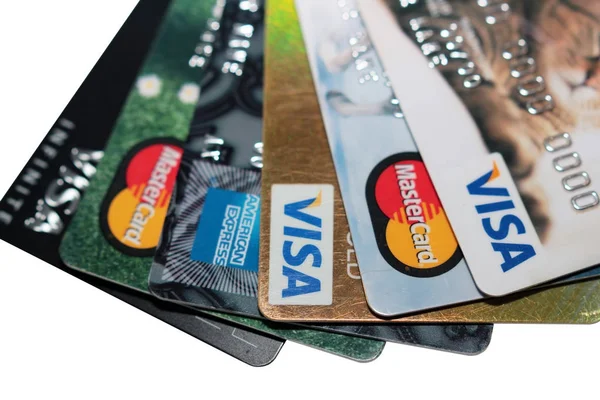 選択と集中 クレジット カードとデビット カード白 Background Financial バック グラウンド概念上のスタック 分離されました — ストック写真