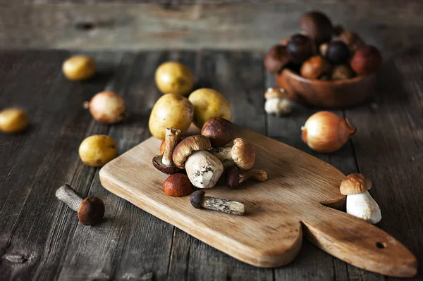 Cogumelos florestais em fundo de madeira — Fotografia de Stock