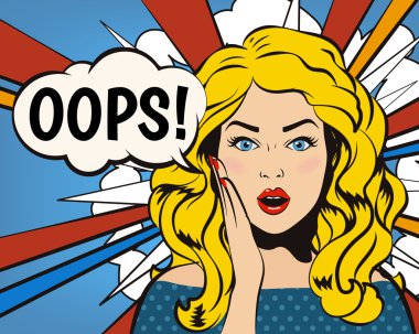 Kadın diyor ki Oops! Oops kabarcık ile sürpriz sarışın kız.