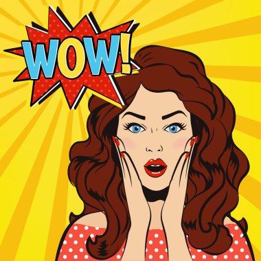 Wow woman. Surprised vector cartoon girl. Pop up style. 