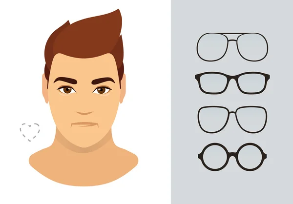 Mann Sonnenbrille Formen für Herz Mann Gesichtstyp. verschiedene Formen von Sommerbrillen für das Herzgesicht. Modekollektion. Vektorsymbole gesetzt. — Stockvektor