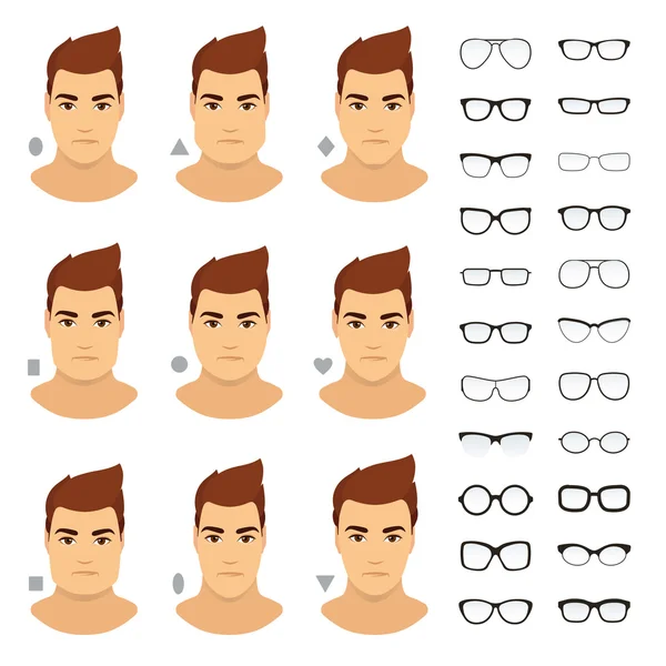 Tipos de gafas de vista para diferentes rostros de hombre. Conjunto de iconos de vector . — Vector de stock