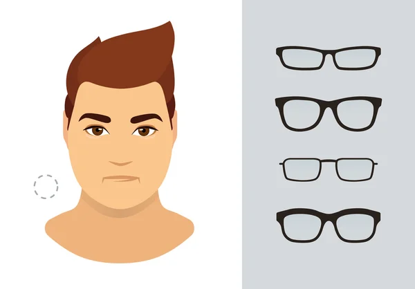 丸い男の顔タイプのための男性の眼鏡の形状。丸い顔のための夏のメガネの様々な形態。ファッションコレクション。ベクトルアイコンセット. — ストックベクタ