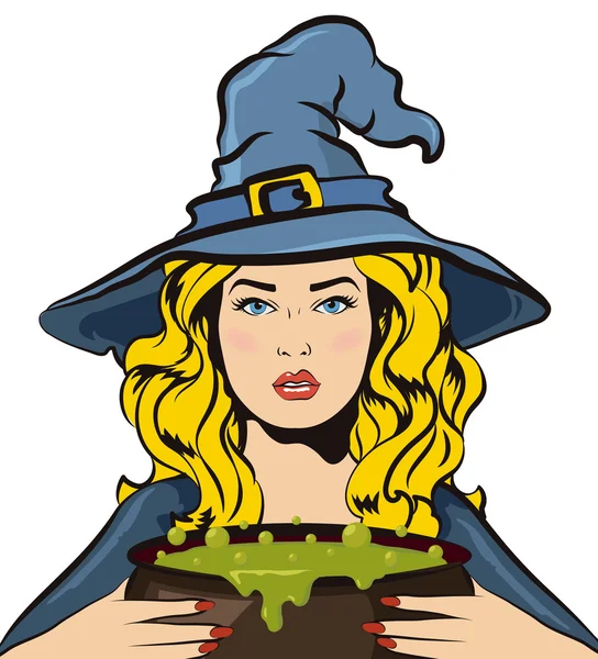 Halloween witch with bucket of boiling green liquid. Witch's brew. Vector halloween illustration isolated on white background. — Stock Vector