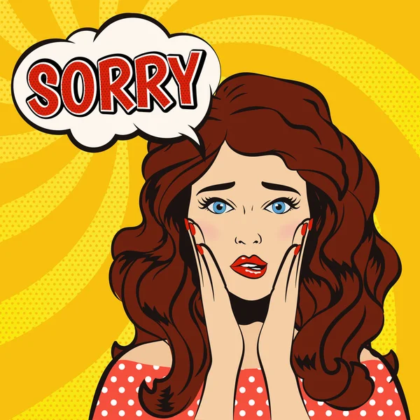 Sorry. Verrast vrouw met Sorry speech bubble. Cartoon vector illustratie in pop-up stijl. — Stockvector