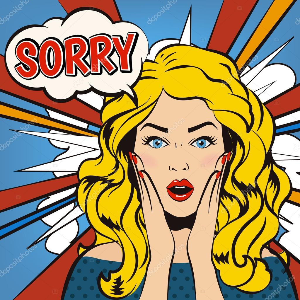 Sorry. Surprised woman with Sorry speech bubble. Cartoon vector illustration in pop up style.