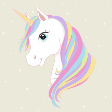 White unicorn head with rainbow mane and horn. Vector illustration. clipart