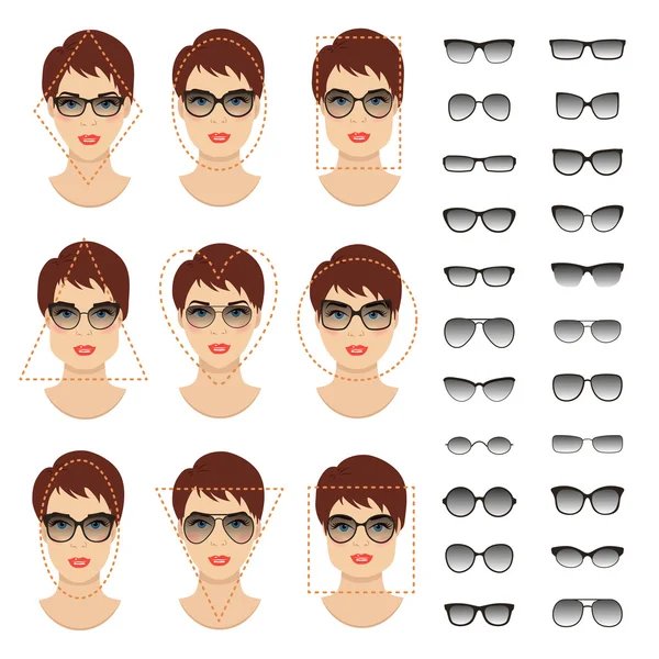 Gafas de sol de mujer formas para diferentes tipos de cara de mujer. Ilustración vectorial aislada sobre fondo blanco . — Vector de stock