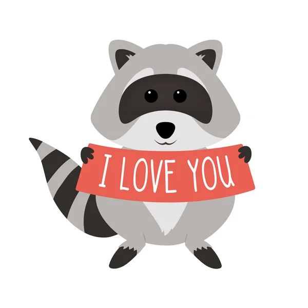 Bonito mapache sosteniendo texto: Te amo, aislado sobre fondo blanco. Ilustración vectorial . — Vector de stock