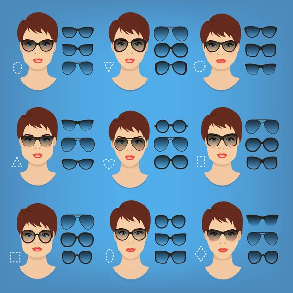 Colección de mujer gafas de sol formas para diferentes tipos de cara de las mujeres - cuadrado, triángulo, círculo, oval, diamante, largo, corazón, rectángulo. Ilustración vectorial . — Vector de stock