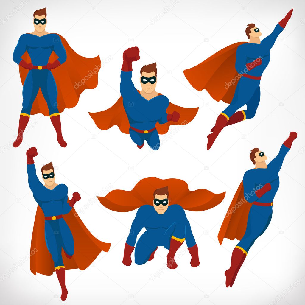Superhero in Action: icon set of Superhero character different poses with red cape and blue suit in cartoon colored style . Vector illustration.