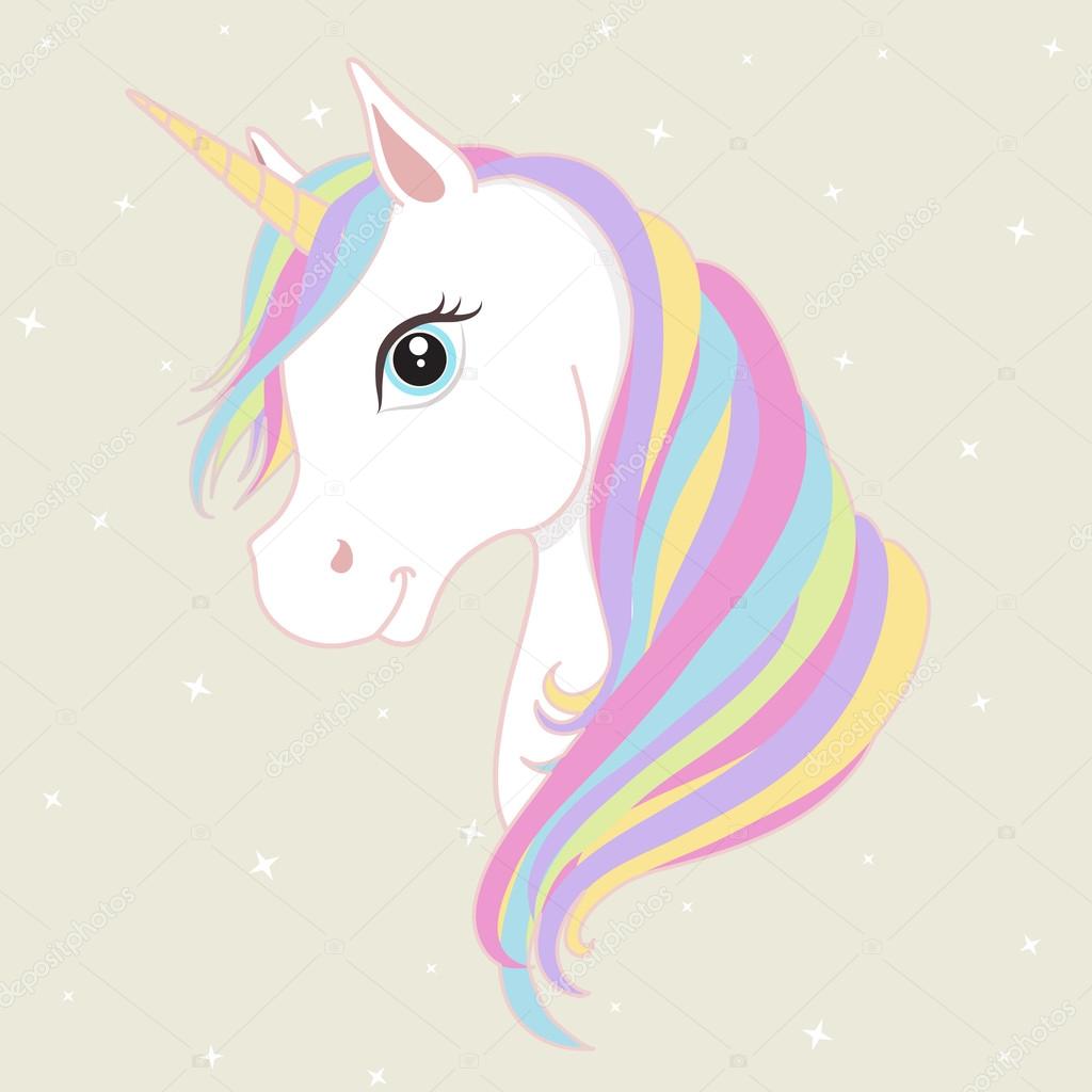 White unicorn head with rainbow mane and horn. Vector ...