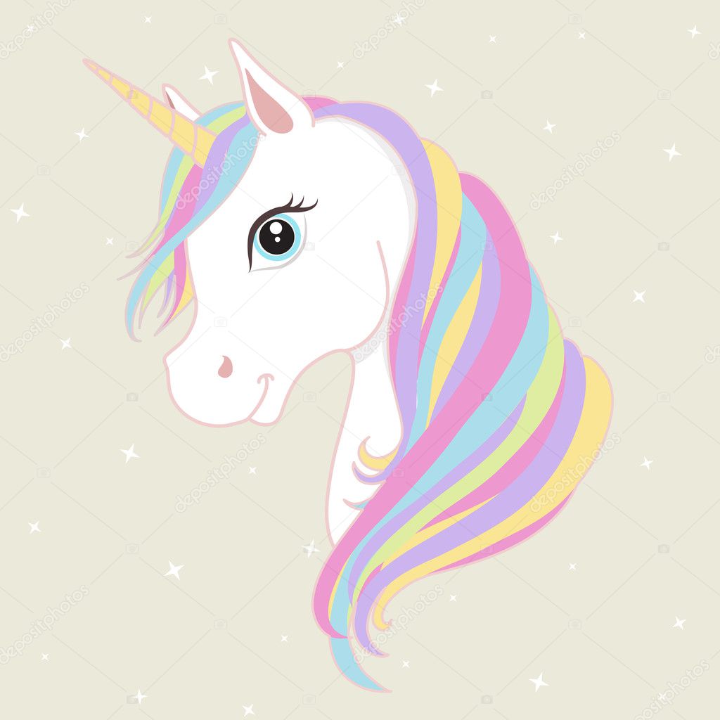 White unicorn head with rainbow mane and horn. Vector illustration.