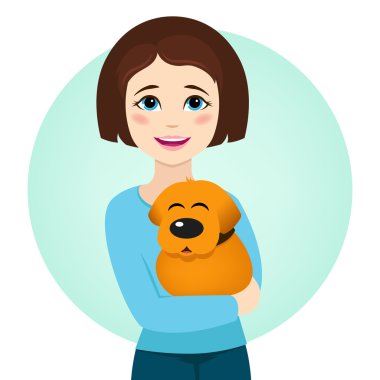 Gülümseyen kız sevimli köpek tutarak. Kızın kollarında oturan köpek yavrusu. Vektör simgesi.