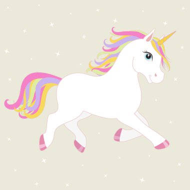 White running unicorn with mane and horn. Vector starry background. clipart