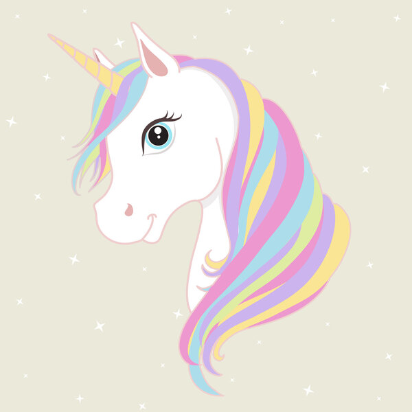 Cabeza de vector unicornio blanco con crin y cuerno. Unicornio sobre fondo estrellado . — Vector de stock