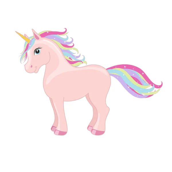 Pink standing unicorn with mane and horn. Vector starry background. — Stock Vector