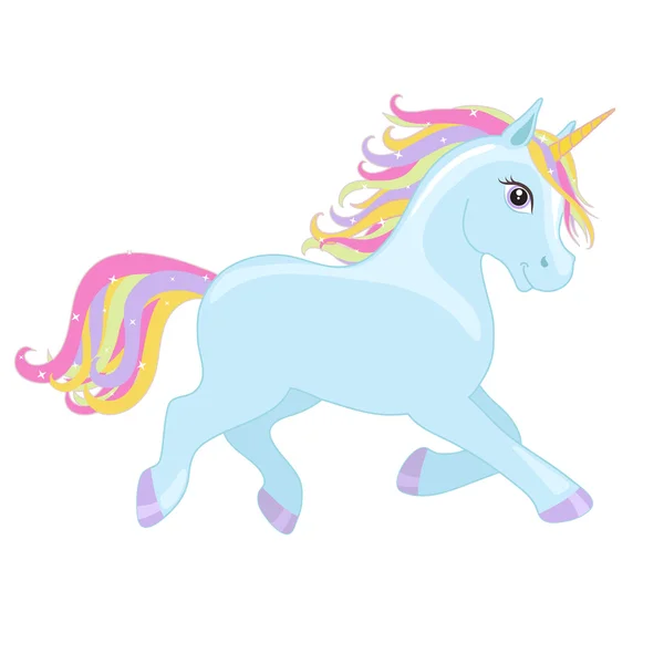 Blauwe Running Unicorn met manen en hoorn. Vector sterrenhemel achtergrond. — Stockvector