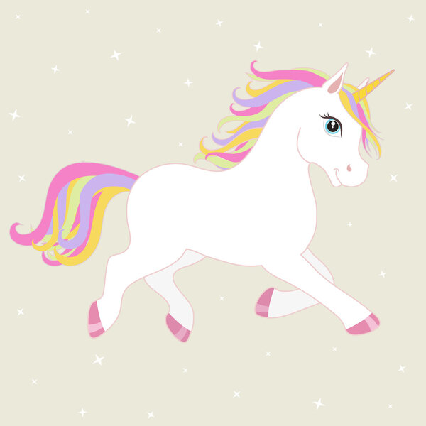 White running unicorn with mane and horn. Vector starry background.