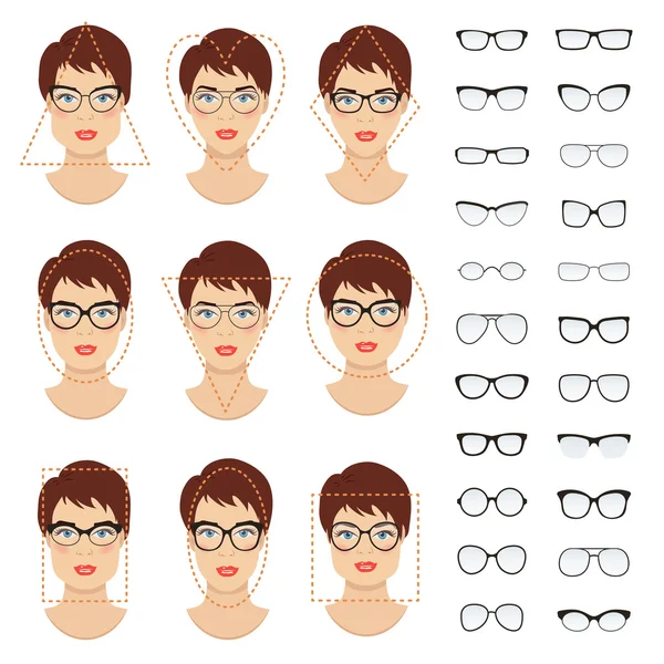 Conjunto de formas de gafas de mujer para diferentes tipos de cara de mujer - cuadrado, triángulo, círculo, ovalado, diamante, largo, corazón, rectángulo. Colección vectorial . — Archivo Imágenes Vectoriales