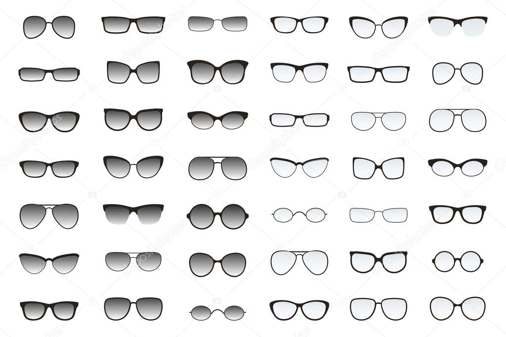 Set of glasses shapes for different face types. Many types of sun glasses. Vector fashion collection.