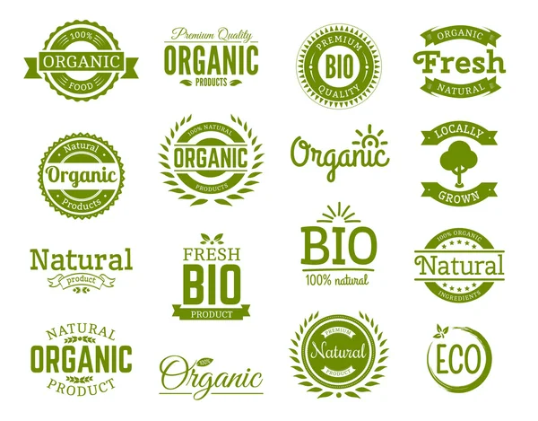 Комплект из 100% био, натуральных, органических, экологичных, здоровых, высококачественных пищевых этикеток. Шаблоны логотипа с цветочными и винтажными элементами зеленого цвета для идентификации, упаковки. Набор векторных значков . — стоковый вектор